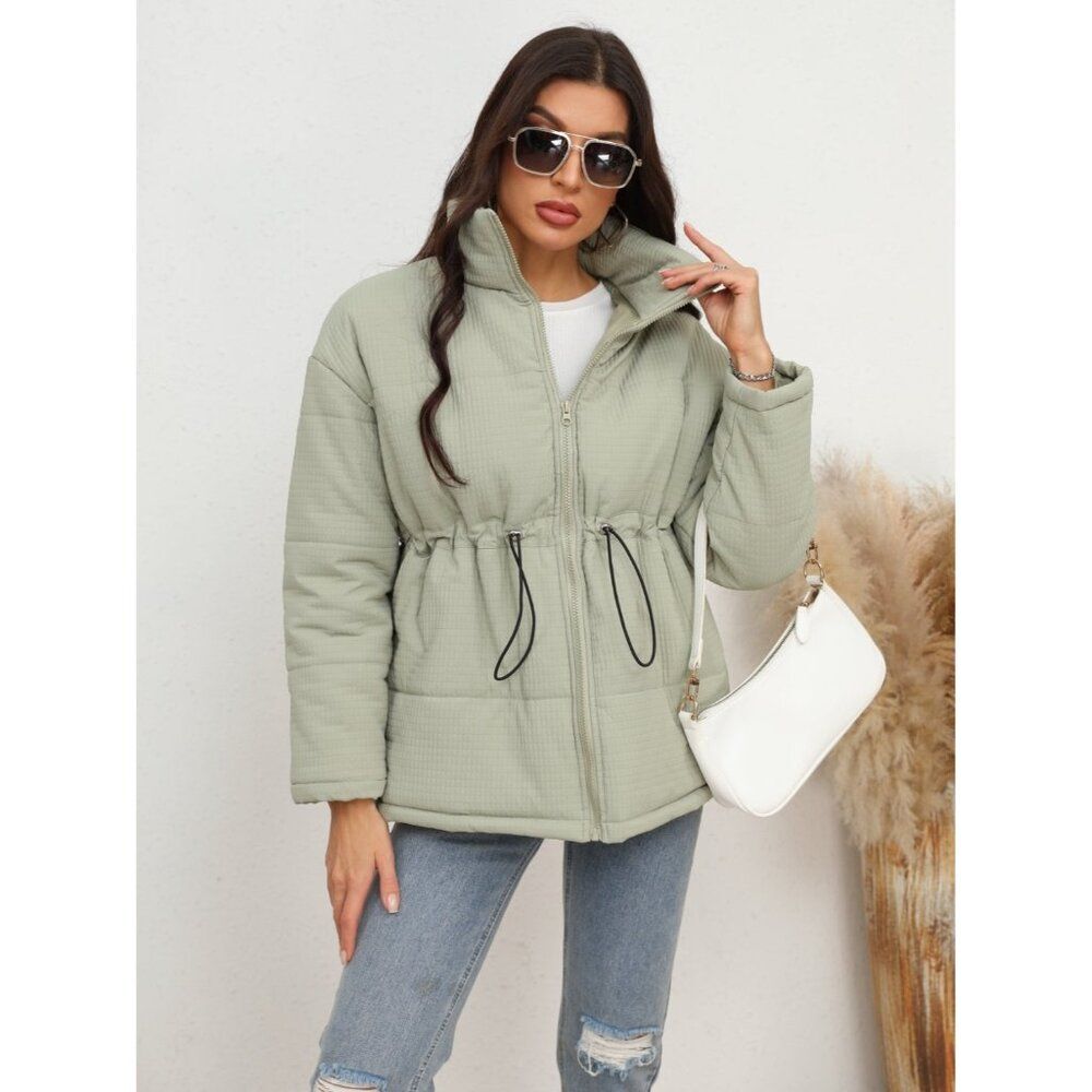 Drawstring Waist Zip-Up Puffer Jacket